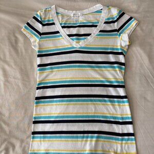 Ambiance Apparel Turquoise, Yellow, Blue and White Striped Short Sleeve Shirt. L